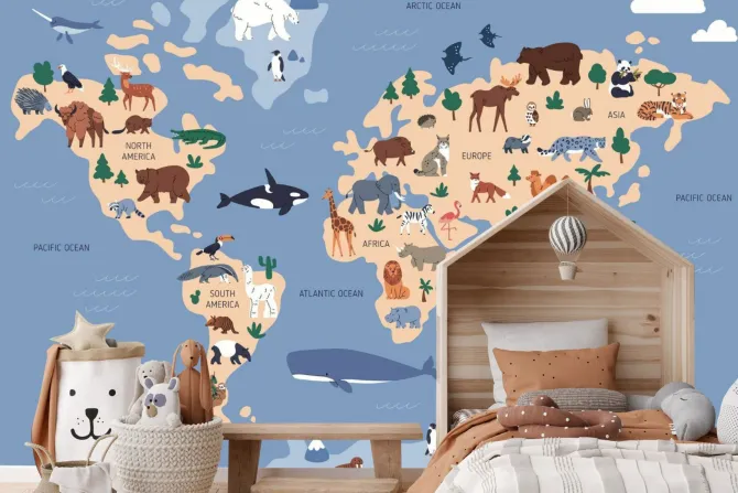 Fototapeta: Mapa świata z rybami i zwierzętami wzór dla dzieci