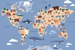 Fototapeta: Mapa świata z rybami i zwierzętami wzór dla dzieci