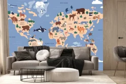 Fototapeta: Mapa świata z rybami i zwierzętami wzór dla dzieci