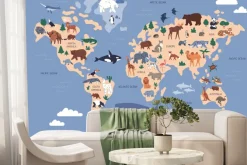 Fototapeta: Mapa świata z rybami i zwierzętami wzór dla dzieci