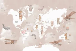 Fototapeta: Mapa świata z samolotami i zwierzętami