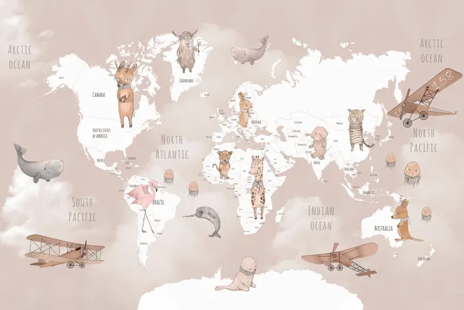 Fototapeta: Mapa świata z samolotami i zwierzętami