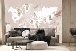 Fototapeta: Mapa świata z samolotami i zwierzętami