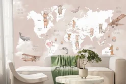 Fototapeta: Mapa świata z samolotami i zwierzętami