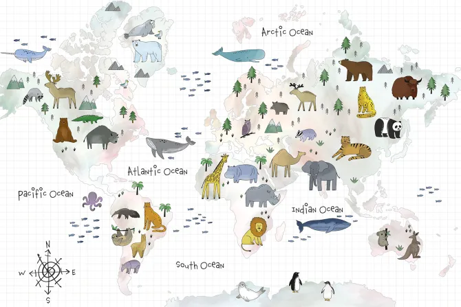 Fototapeta: Mapa świata ze zwierzętami dla dzieci