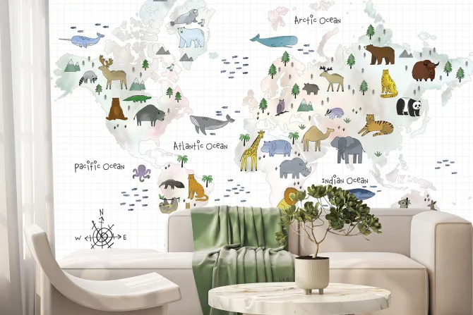 Fototapeta: Mapa świata ze zwierzętami dla dzieci
