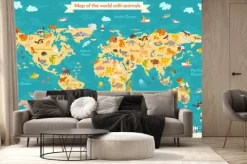 Fototapeta: Mapa świata ze zwierzętami dla dzieci