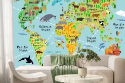 Fototapeta: Mapa świata ze zwierzętami w stylu rysunkowym