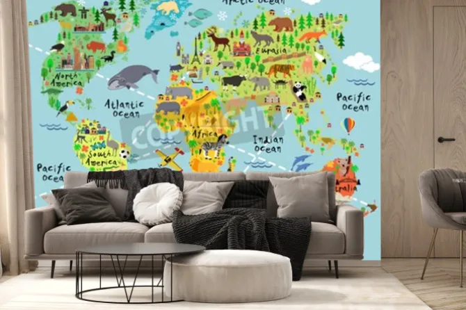 Fototapeta: Mapa świata ze zwierzątkami dla dzieci