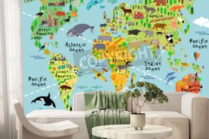 Fototapeta: Mapa świata ze zwierzątkami dla dzieci