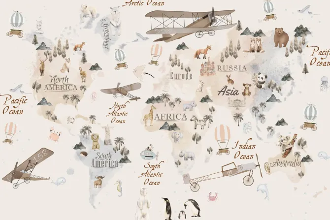 Fototapeta: Mapa świata ze zwierzątkami dla dzieci