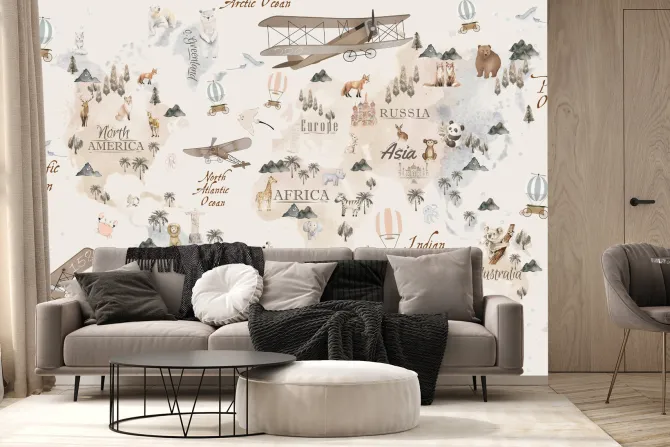 Fototapeta: Mapa świata ze zwierzątkami dla dzieci
