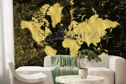 Fototapeta: Mapa świata ze złotawymi kontynentami na czarnym tle