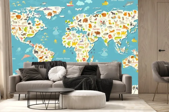 Fototapeta: Mapa świata ze zwierzętami i polskimi napisami