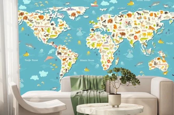 Fototapeta: Mapa świata ze zwierzętami i polskimi napisami