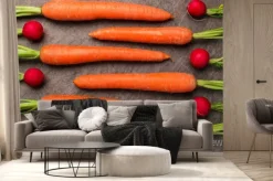 Fototapeta: Marchew i rzodkiew rozmieszczone na płycie granitowej, widok