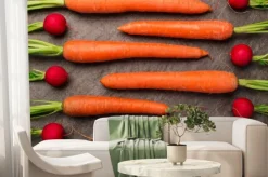 Fototapeta: Marchew i rzodkiew rozmieszczone na płycie granitowej, widok