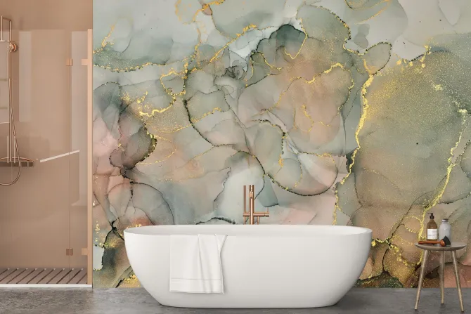 Fototapeta: Marmurkowe tło w stylu akwareli ze złotymi zdobieniami