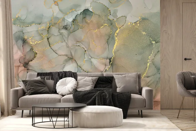 Fototapeta: Marmurkowe tło w stylu akwareli ze złotymi zdobieniami