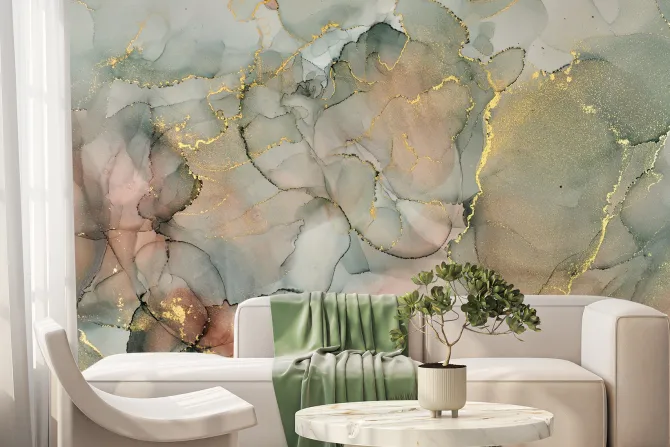 Fototapeta: Marmurkowe tło w stylu akwareli ze złotymi zdobieniami
