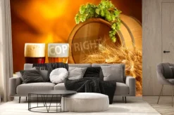 Fototapeta: Martwa natura z rocznika skład beczki piwa i dwa kieliszki ciemne