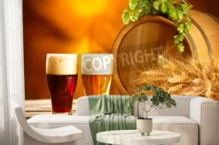 Fototapeta: Martwa natura z rocznika skład beczki piwa i dwa kieliszki ciemne