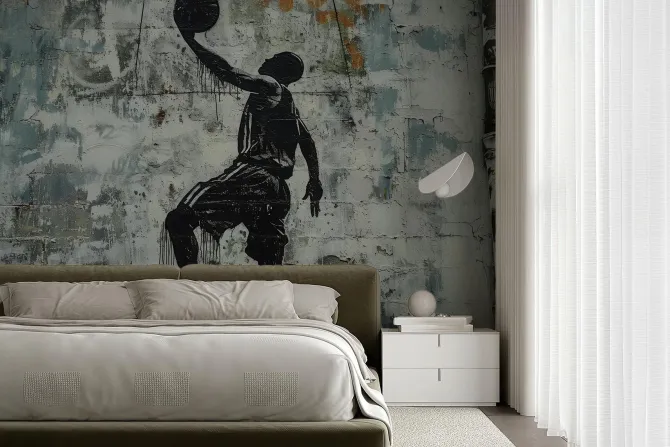 Fototapeta: Mężczyzna koszykarz z piłka na murze