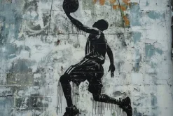 Fototapeta: Mężczyzna koszykarz z piłka na murze