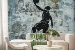 Fototapeta: Mężczyzna koszykarz z piłka na murze