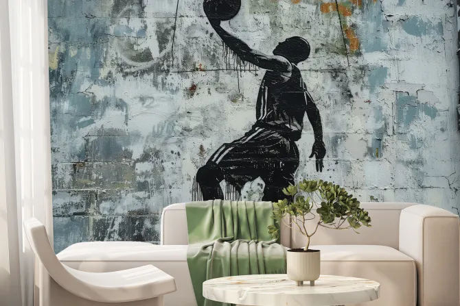 Fototapeta: Mężczyzna koszykarz z piłka na murze