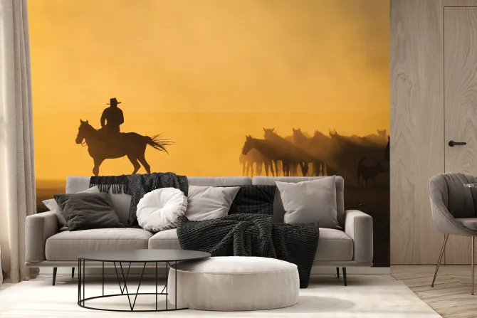 Fototapeta: Mężczyzna z końmi na pustyni