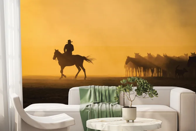 Fototapeta: Mężczyzna z końmi na pustyni