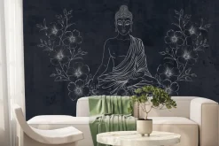 Fototapeta: Medytujący budda wśród kwiatów na teksturowym tle