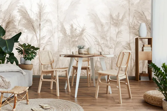 Fototapeta: Mglista łąka kwiaty polne w odcieniach beżu