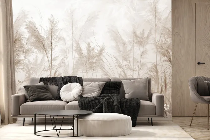 Fototapeta: Mglista łąka kwiaty polne w odcieniach beżu