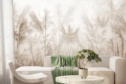 Fototapeta: Mglista łąka kwiaty polne w odcieniach beżu