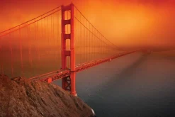 Fototapeta: Mglisty krajobraz z zachodem słońca i golden gate bridge