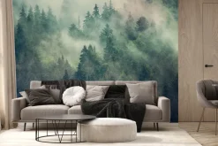 Fototapeta: Mglisty las jodłowy w kolorach zieleni i brązu