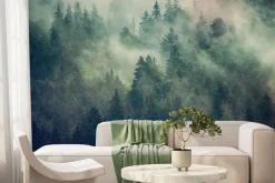 Fototapeta: Mglisty las jodłowy w kolorach zieleni i brązu
