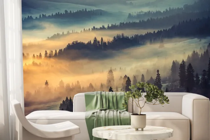 Fototapeta: Mglisty słoneczny poranek w górskim lesie