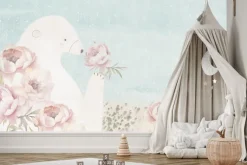 Fototapeta: Miś i różowe kwiaty na błękitnym tle w stylu akwareli