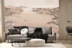 Fototapeta: Miasteczko z górskim horyzontem nad brzegiem morza