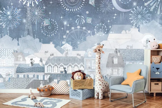 Fototapeta: Miasteczko z wieżą eiffla i fajerwerkami