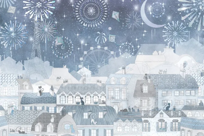 Fototapeta: Miasteczko z wieżą eiffla i fajerwerkami