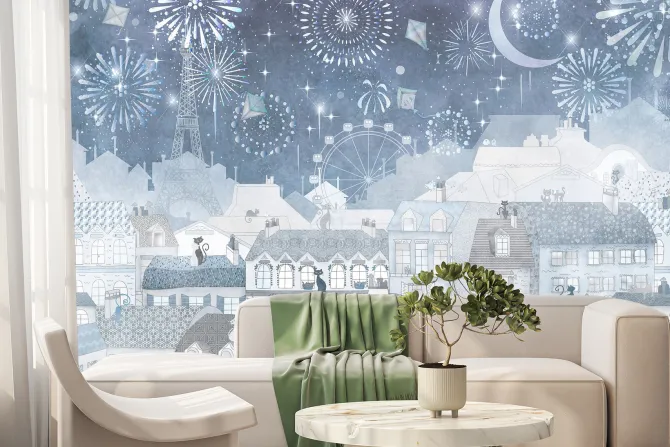 Fototapeta: Miasteczko z wieżą eiffla i fajerwerkami