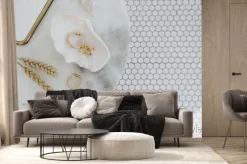 Fototapeta: Minimal fashion composition with golden earrings in seashell