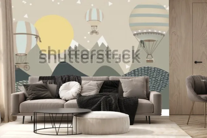 Fototapeta: Minimalistyczna bajkowa ilustracja z balonami i górami