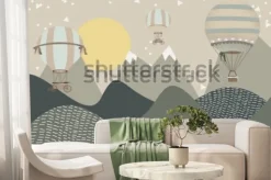 Fototapeta: Minimalistyczna bajkowa ilustracja z balonami i górami