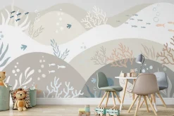 Fototapeta: Minimalistyczny wzór z rybami w pastelowym podwodnym świecie