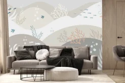 Fototapeta: Minimalistyczny wzór z rybami w pastelowym podwodnym świecie